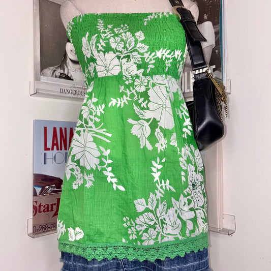 vintage 2000s y2k green floral strapless tube top