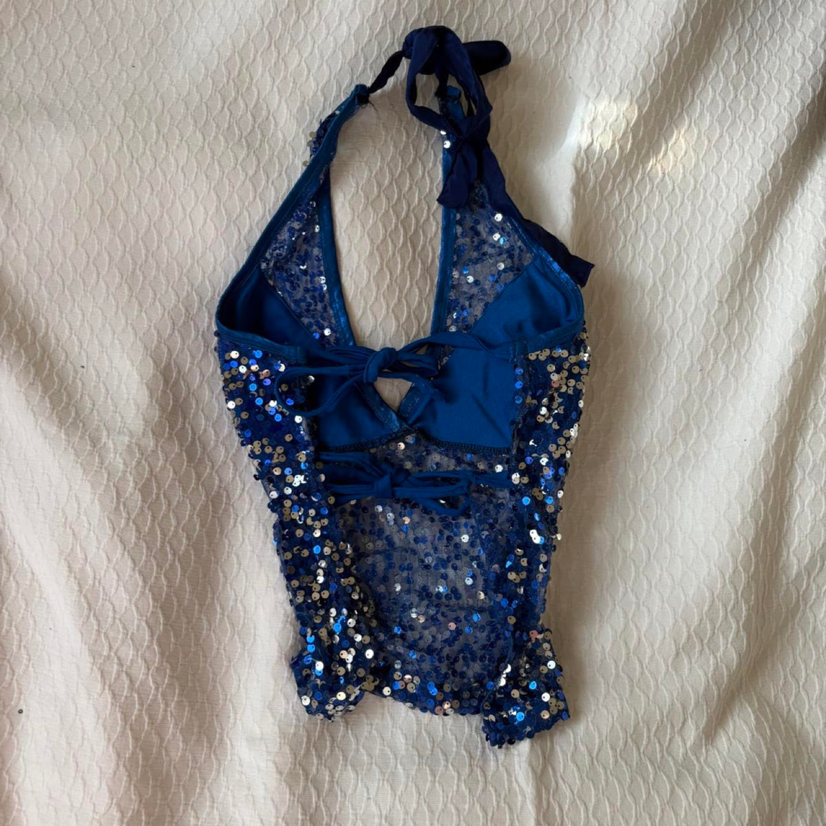 reworked y2k style sequin backless festival halter tank