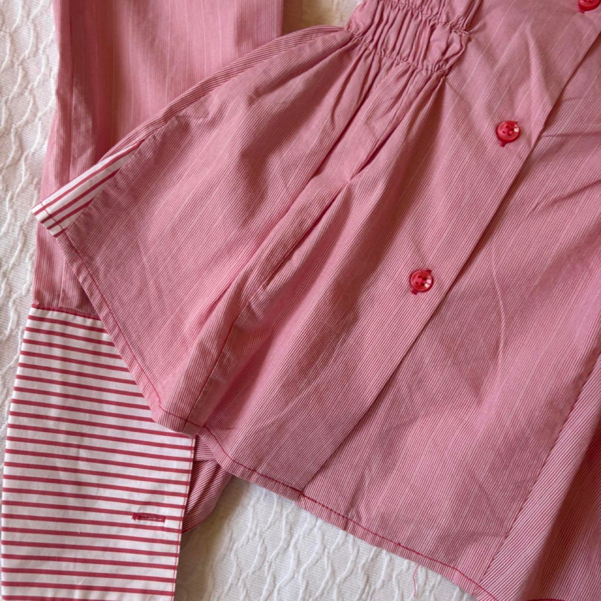 handmade reworked red white pinstripe shirred long sleeve shirt