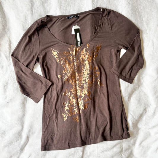 deadstock NWT 2000s y2k brown graphic half sleeve top