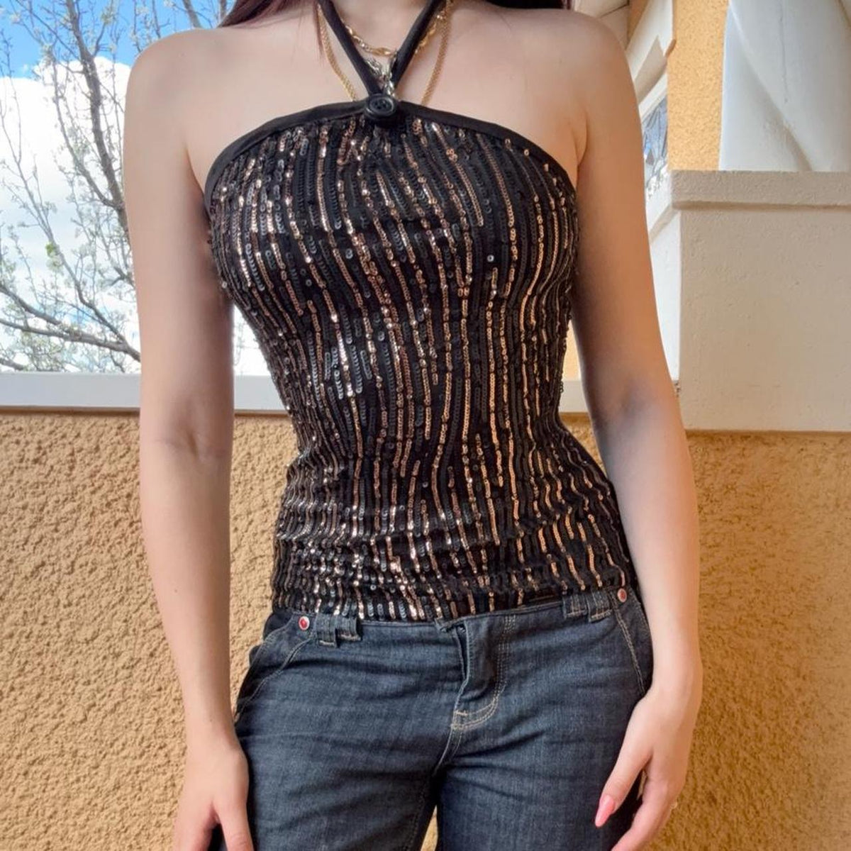 reworked y2k style sequin festival halter tank