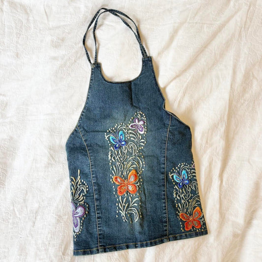 vintage 2000s y2k embroidered denim halter top
