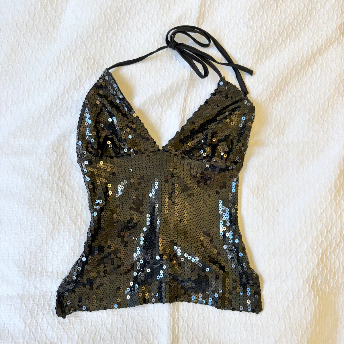 reworked y2k style sequin backless festival halter tank