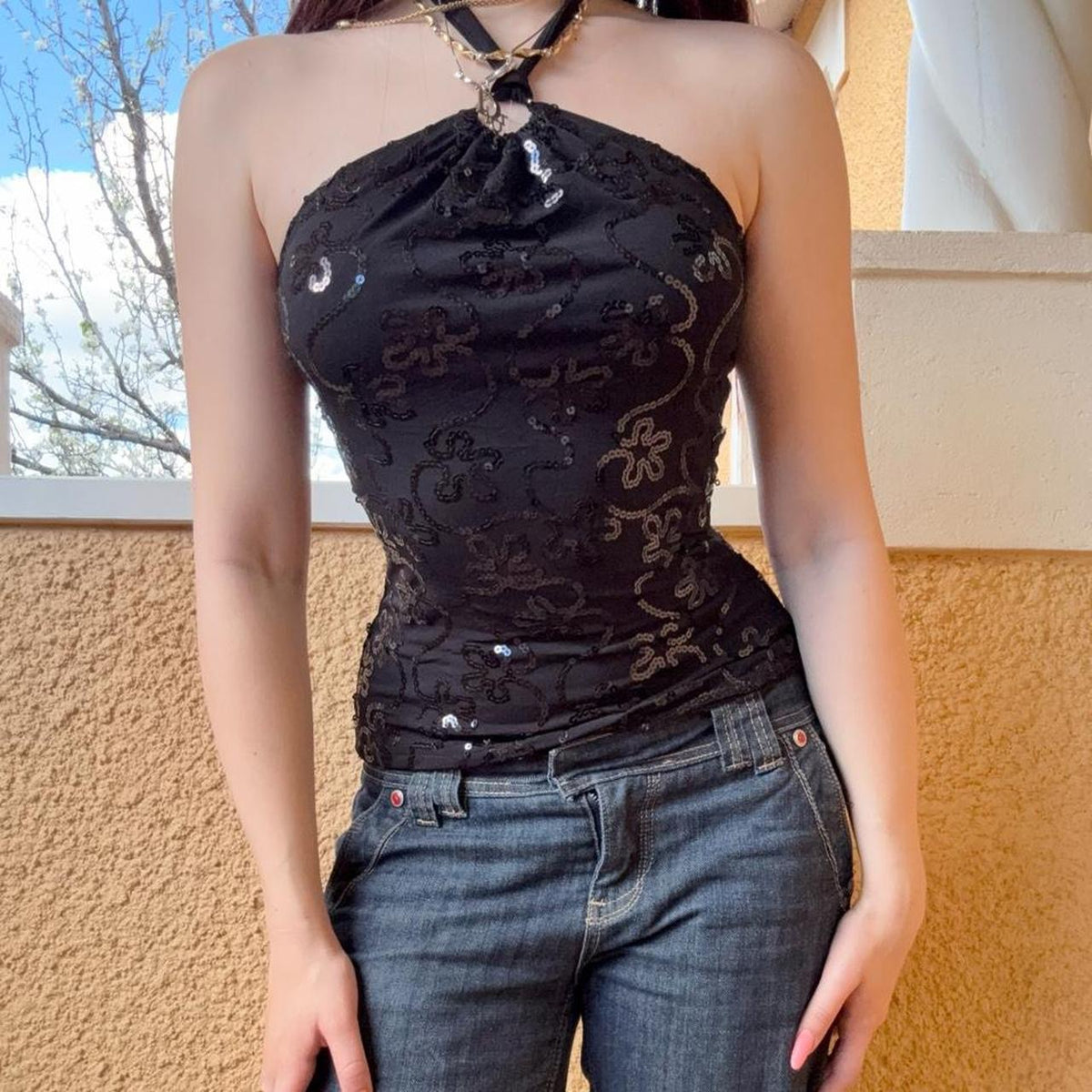 reworked y2k style sequin festival halter tank