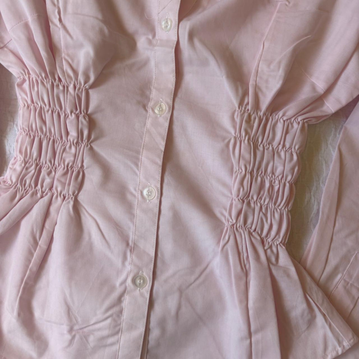 handmade reworked pink shirred long sleeve shirt