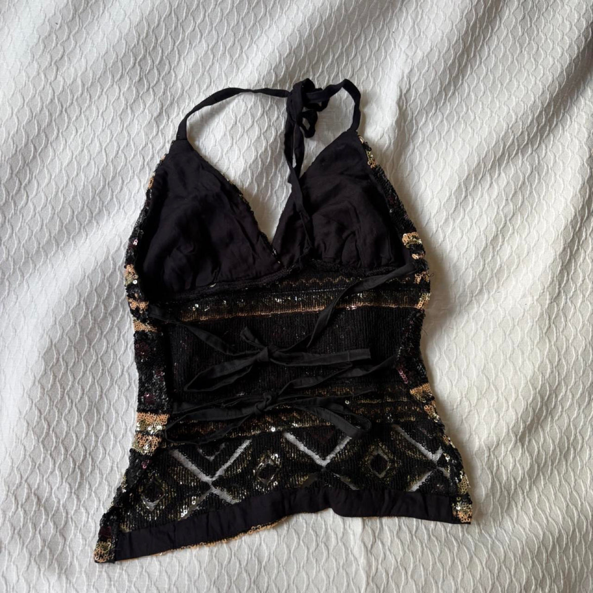 reworked y2k style sequin backless festival halter tank