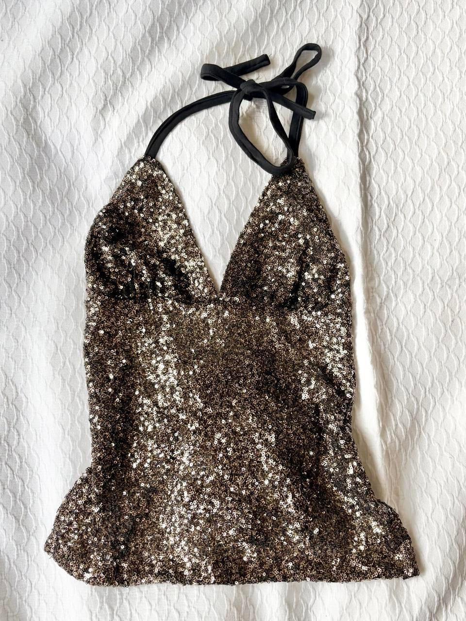 reworked y2k style sequin backless festival halter tank