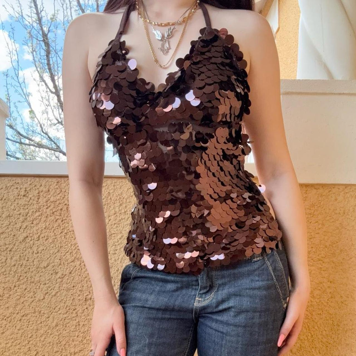 reworked y2k style sequin backless festival halter tank fairycore