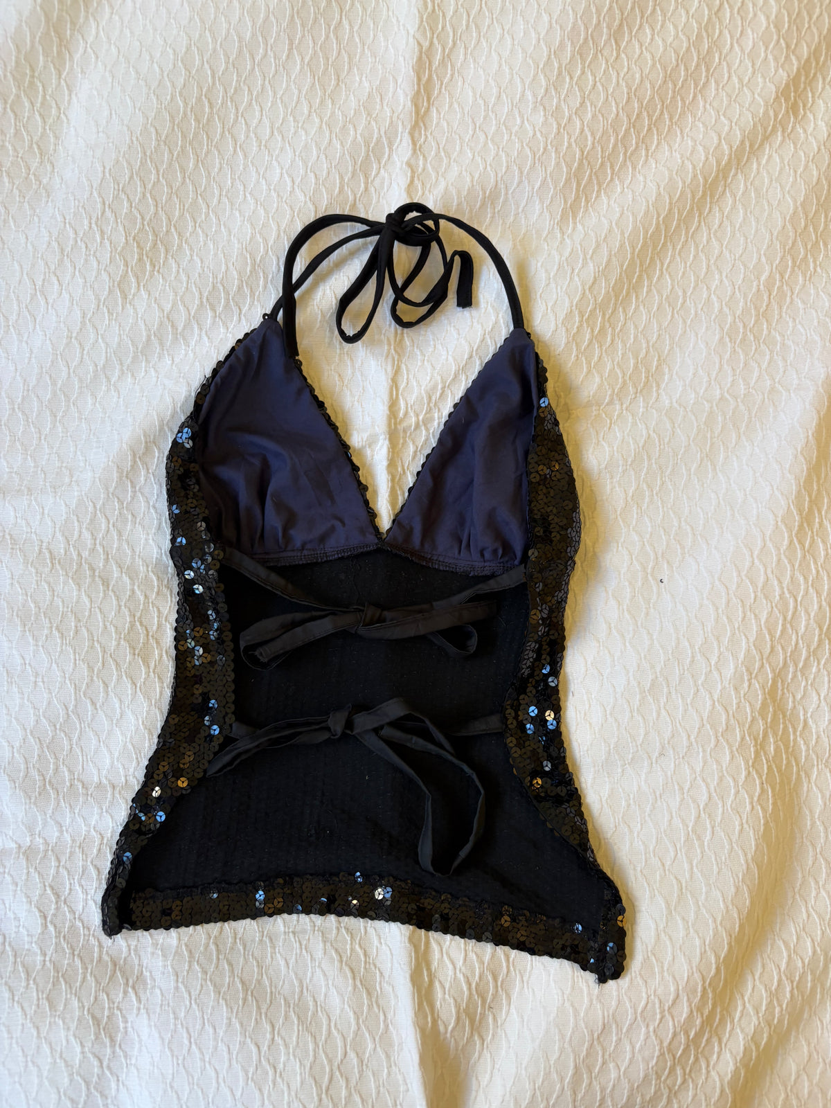 reworked y2k style sequin backless festival halter tank