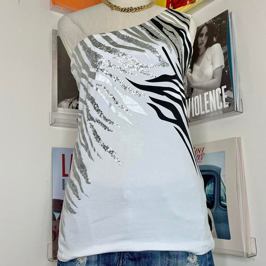 2000s y2k one shoulder zebra print tank