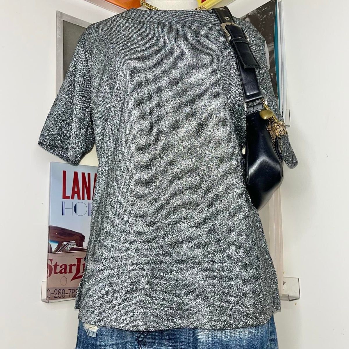 vintage 2000s y2k silver sparkle knit tee