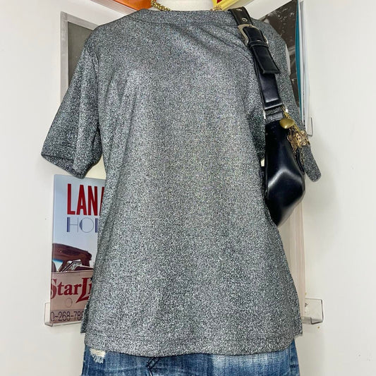 vintage 2000s y2k silver sparkle knit tee