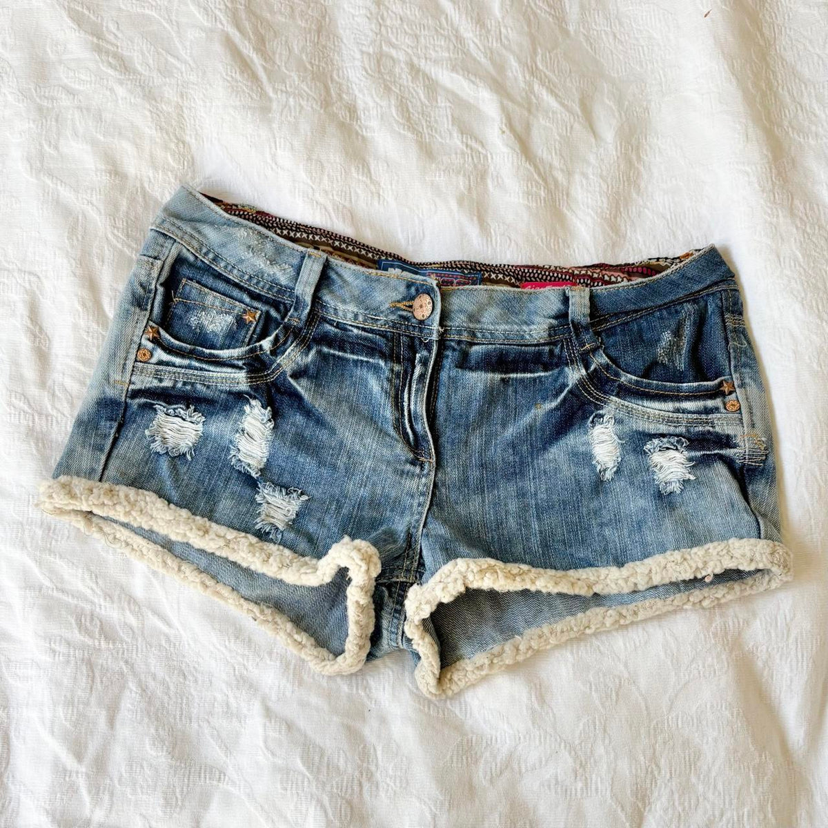 vintage 2000s y2k festival boho fleece trim denim shorts