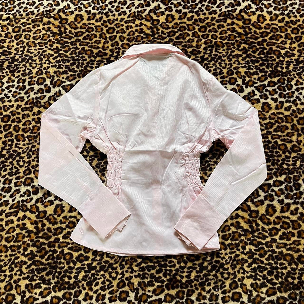 handmade reworked pink pinstripe shirred long sleeve shirt