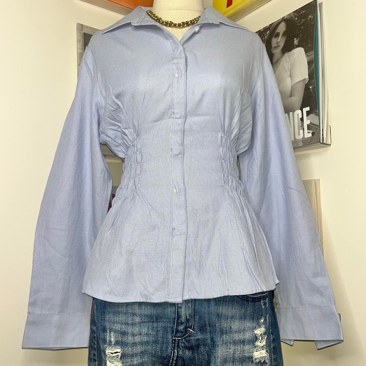 handmade reworked blue white pinstripe shirred long sleeve shirt