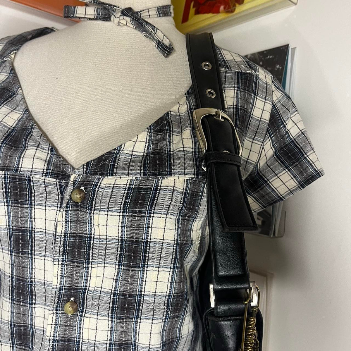 vintage handmade reworked plaid check collar shirt with neck tie