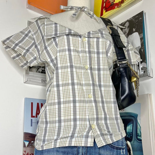vintage handmade reworked plaid check collar shirt with neck tie