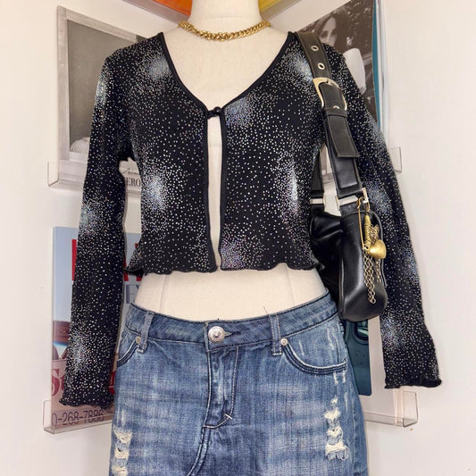 vintage 90s black glitter sparkle crop cardigan