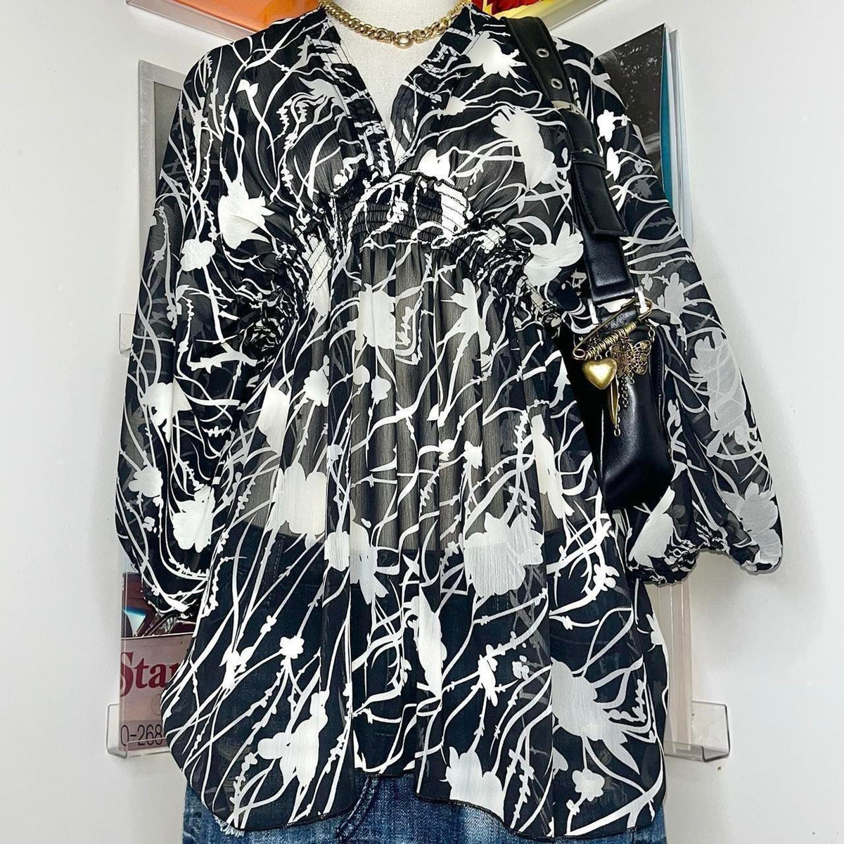 vintage 90s style sheer black white graphic blouse with shirring