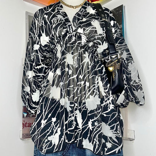 vintage 90s style sheer black white graphic blouse with shirring
