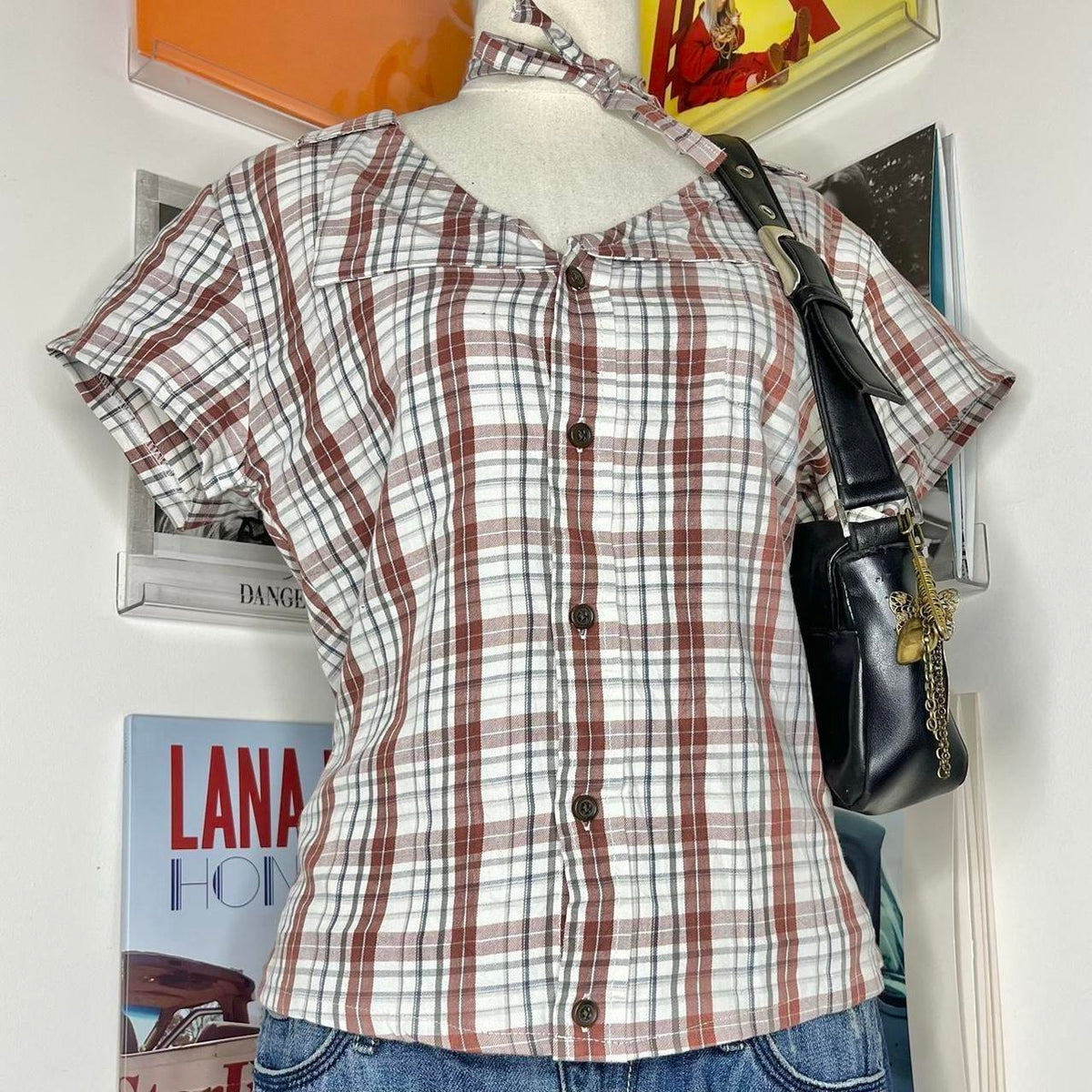 vintage handmade reworked white red plaid check collar shirt with neck tie
