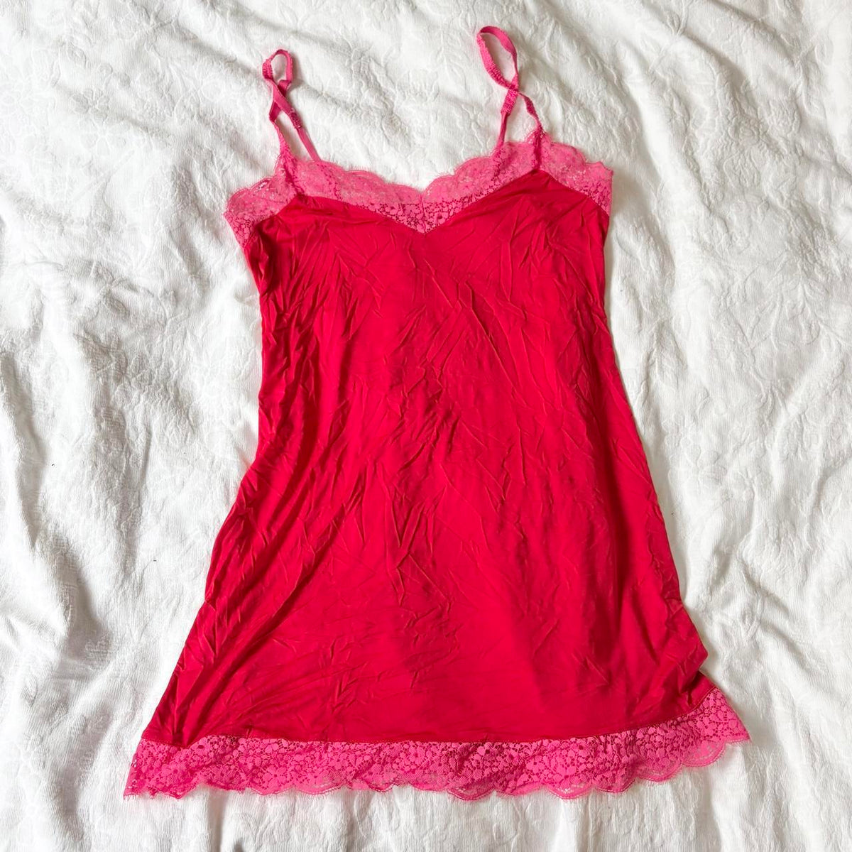 vintage 2000s y2k red pink slip lingerie dress