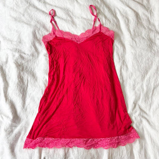 vintage 2000s y2k red pink slip lingerie dress