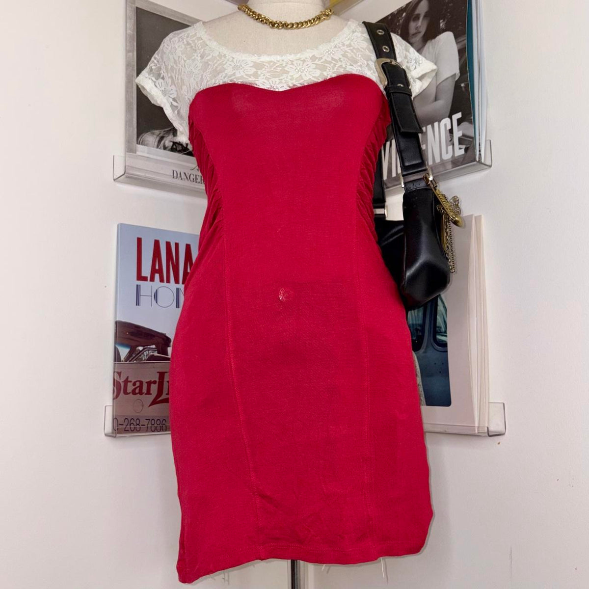 2010s clubbing vibe red mini dress with lace detail