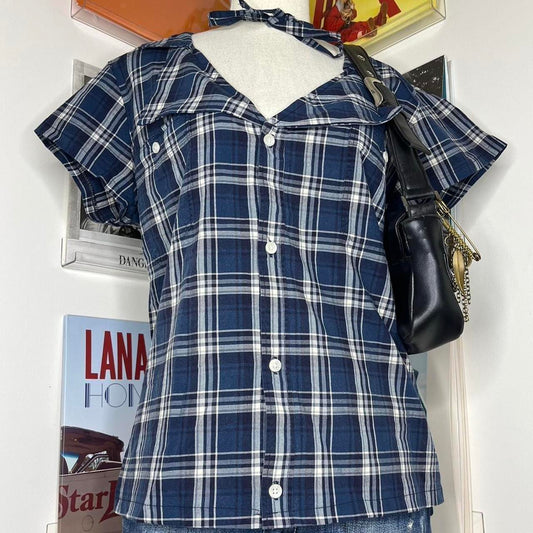 vintage handmade reworked blue plaid check collar shirt with neck tie