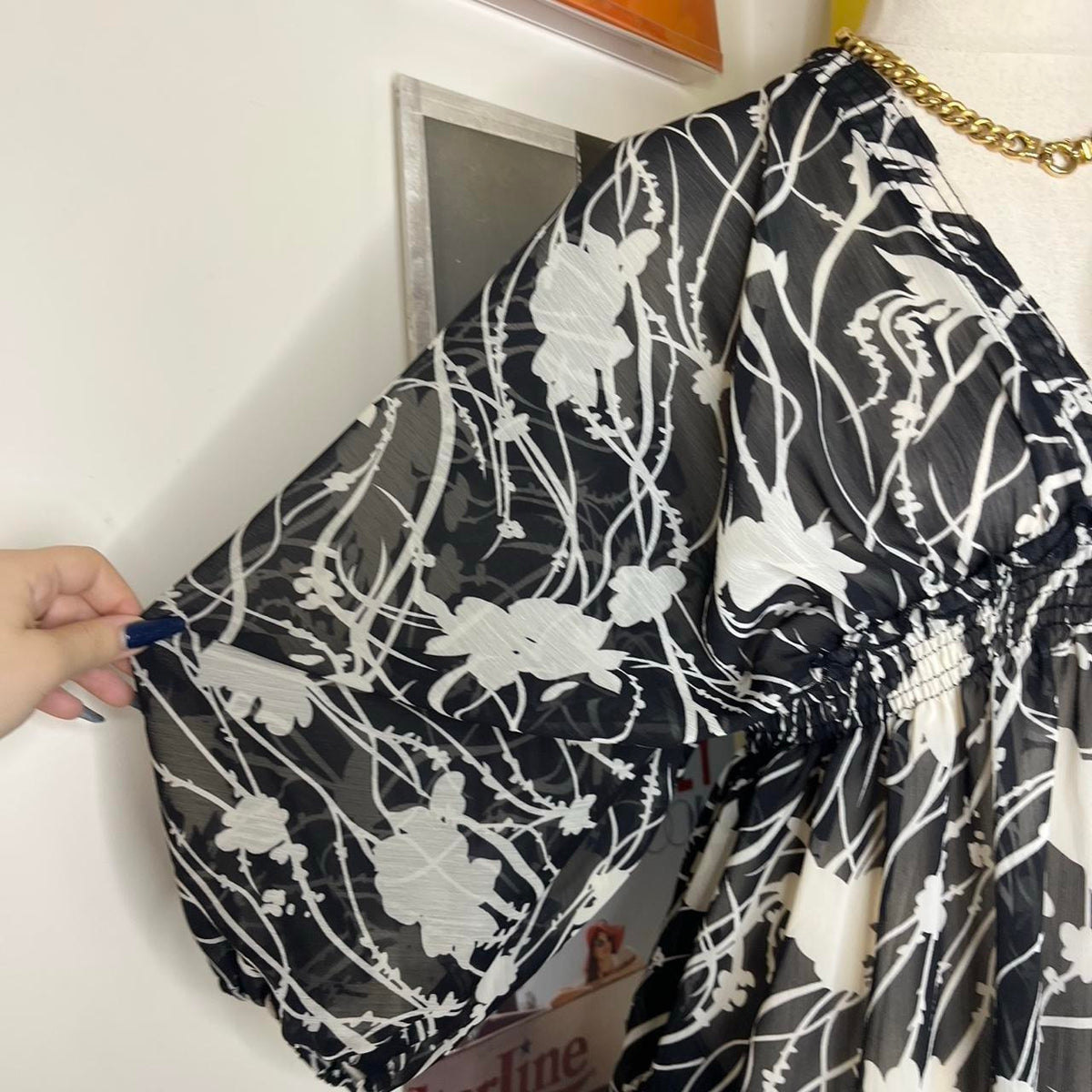 vintage 90s style sheer black white graphic blouse with shirring