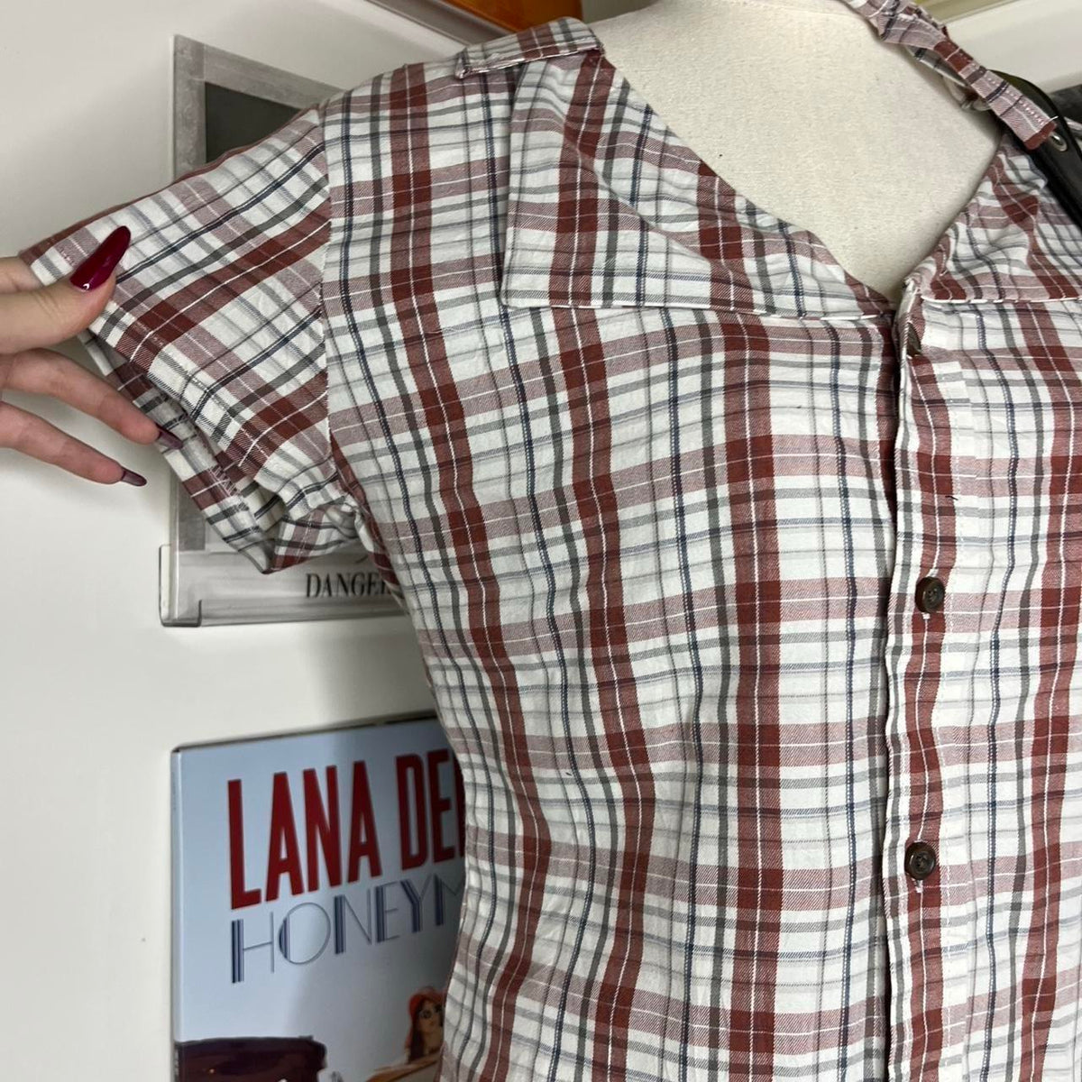 vintage handmade reworked white red plaid check collar shirt with neck tie