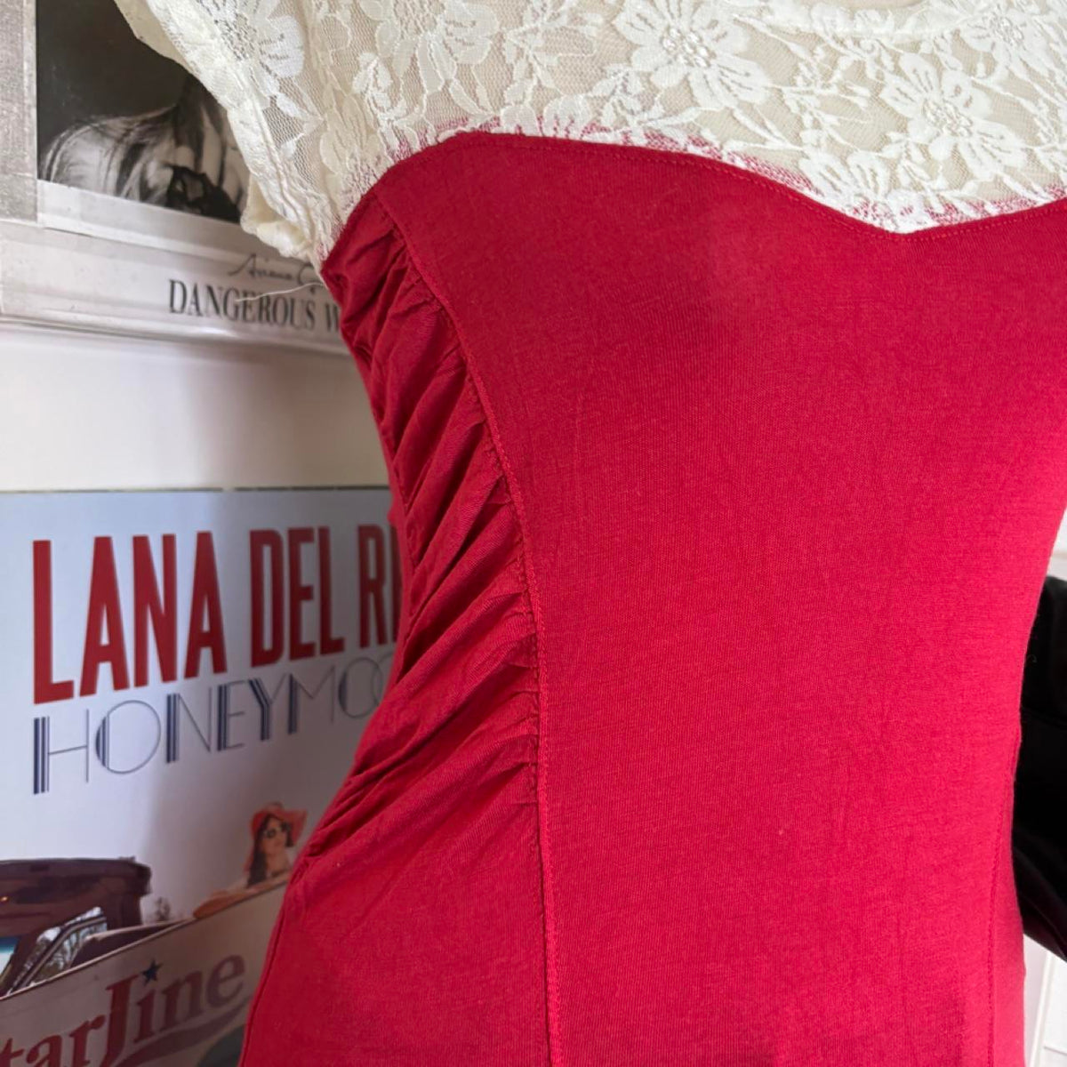 2010s clubbing vibe red mini dress with lace detail