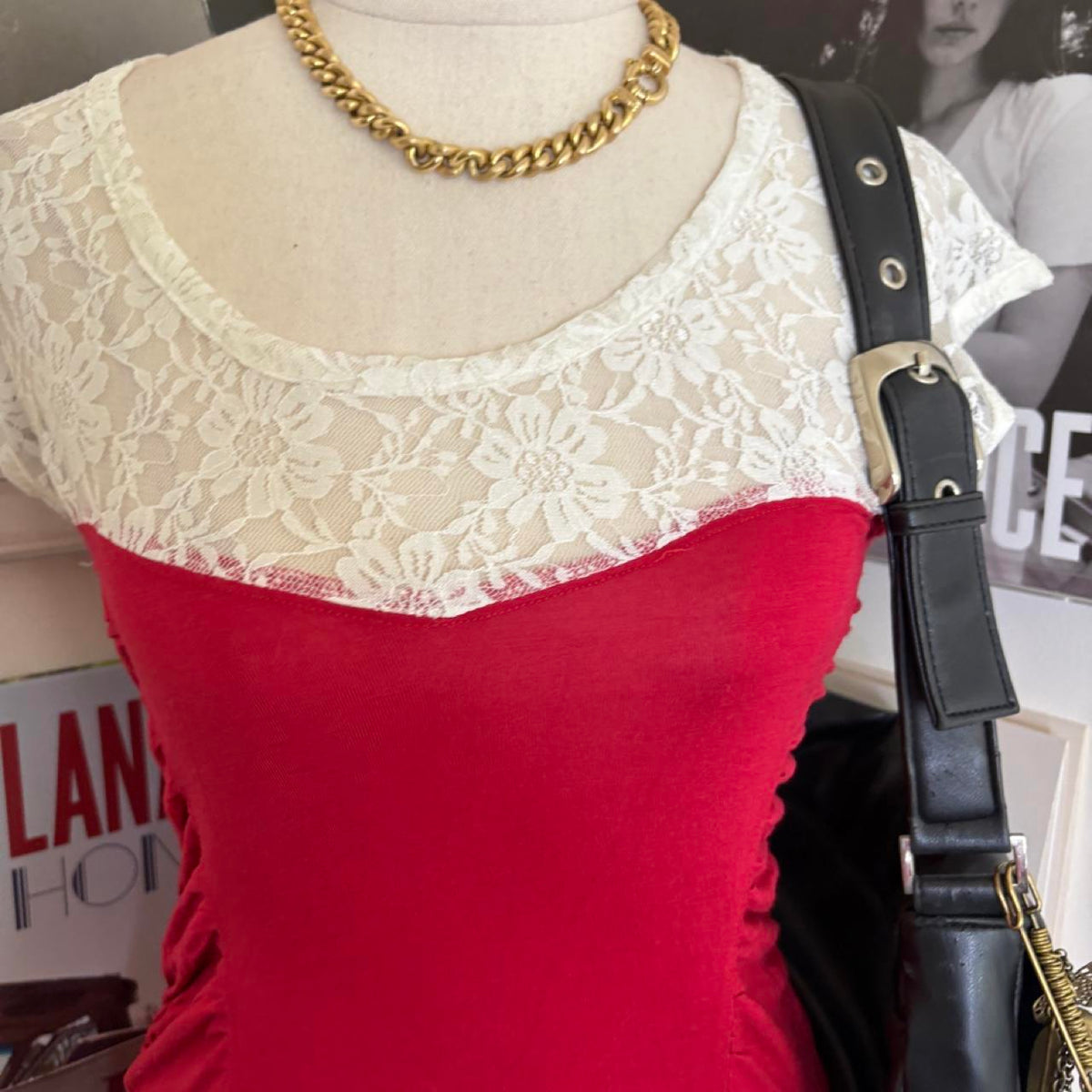 2010s clubbing vibe red mini dress with lace detail