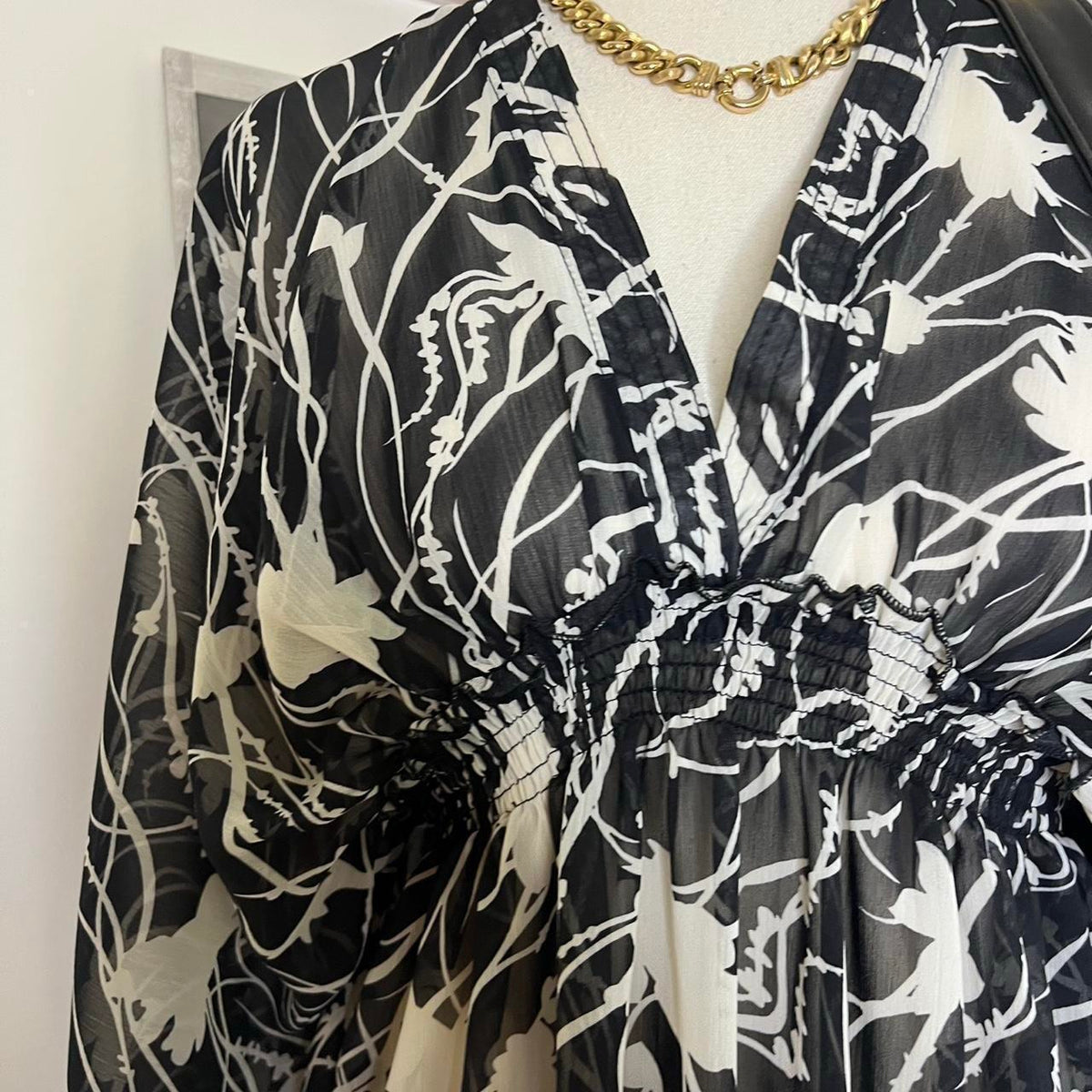 vintage 90s style sheer black white graphic blouse with shirring