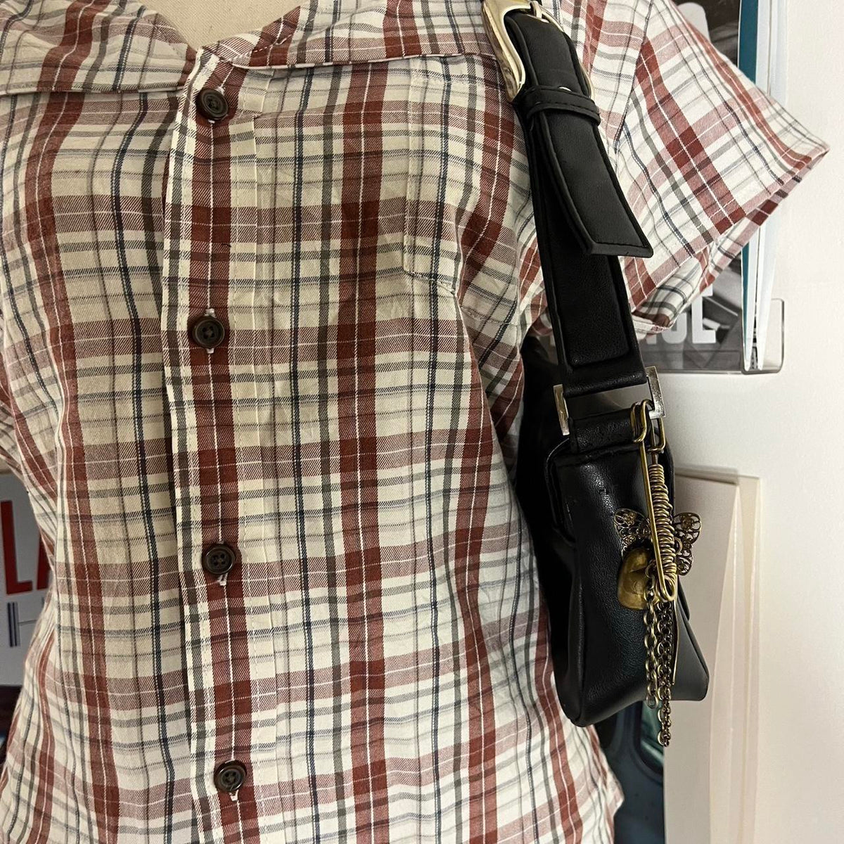 vintage handmade reworked white red plaid check collar shirt with neck tie