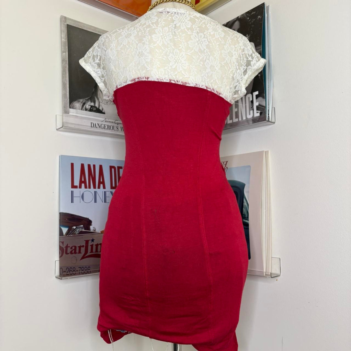 2010s clubbing vibe red mini dress with lace detail