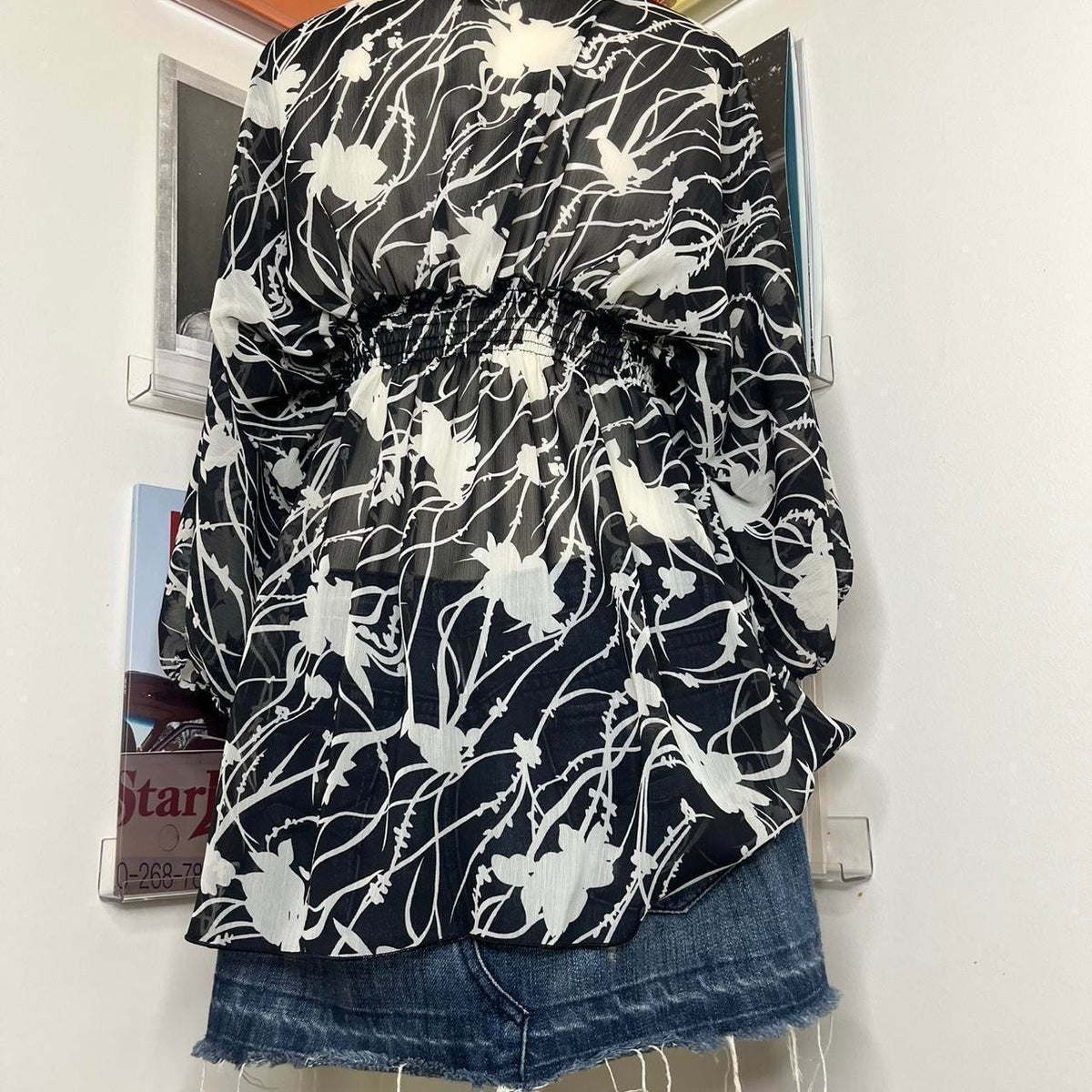 vintage 90s style sheer black white graphic blouse with shirring