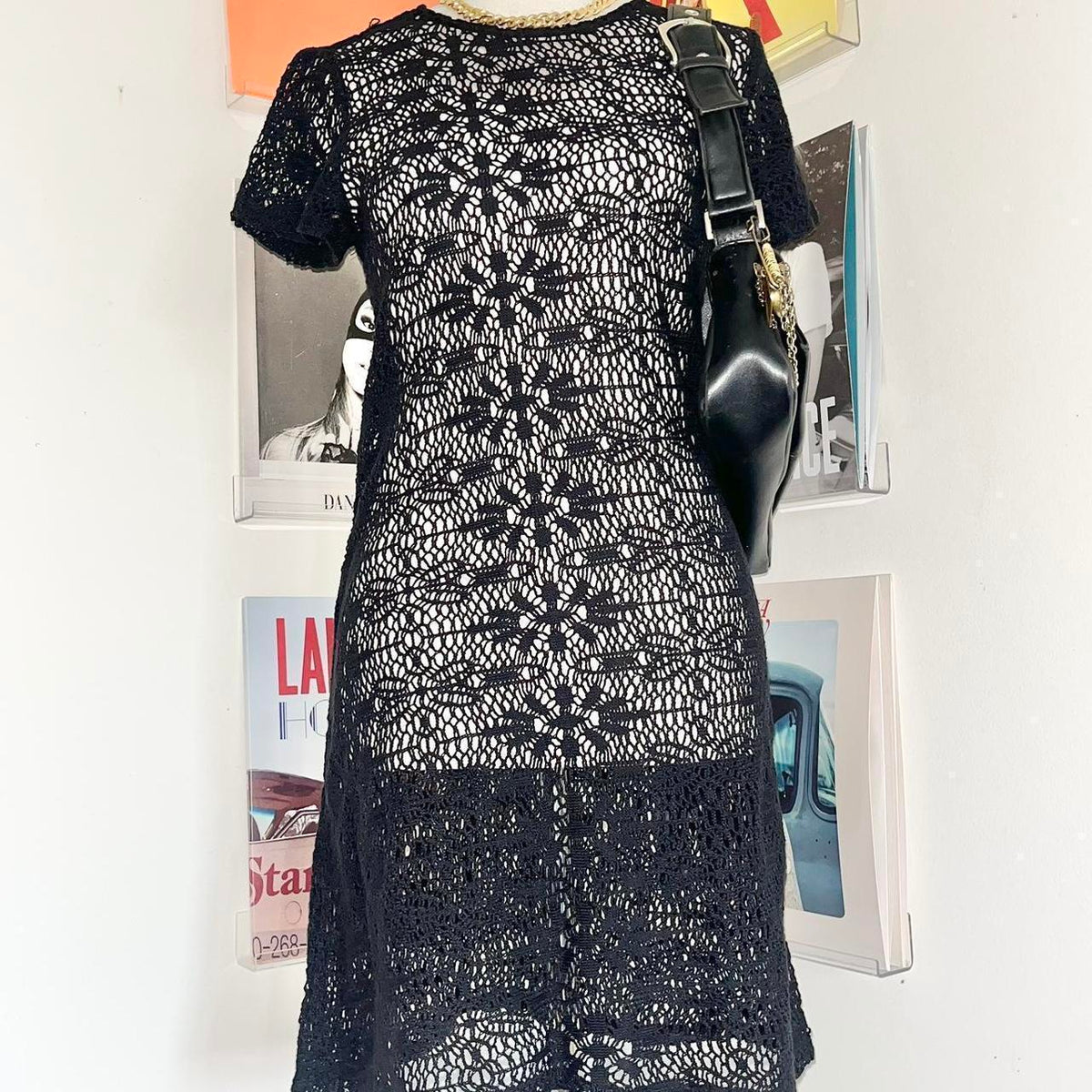 vintage black crochet mini dress