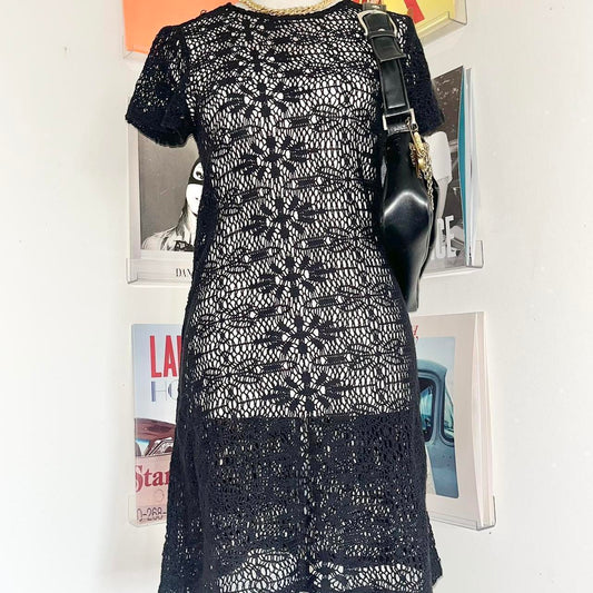 vintage black crochet mini dress