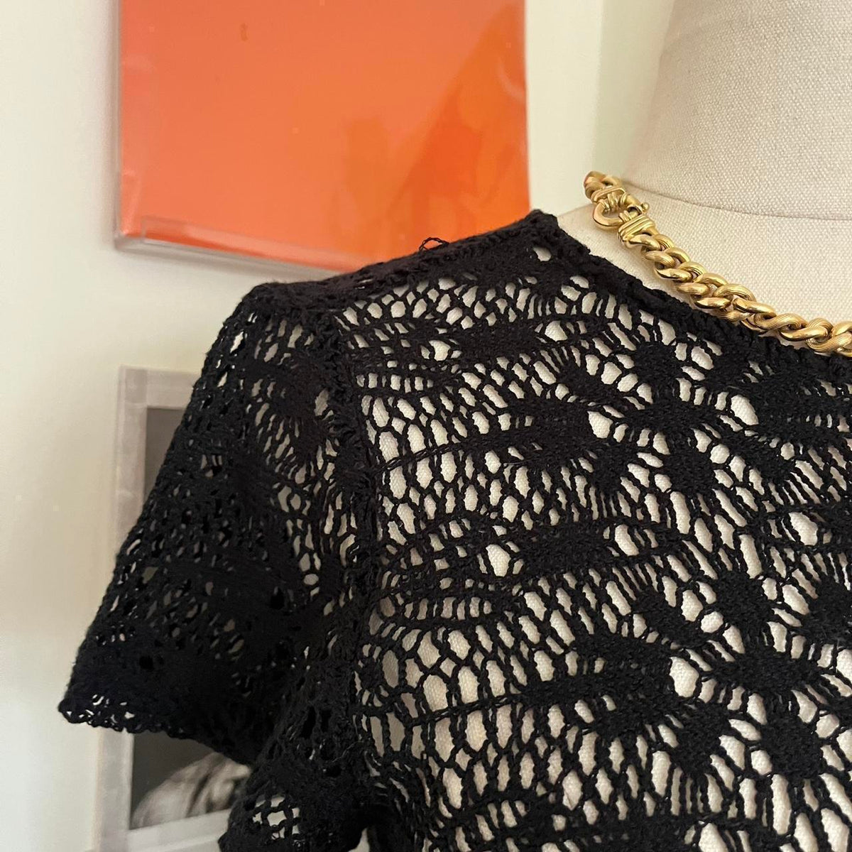 vintage black crochet mini dress