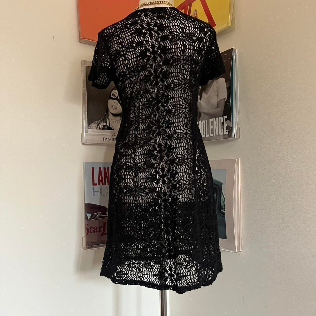 vintage black crochet mini dress