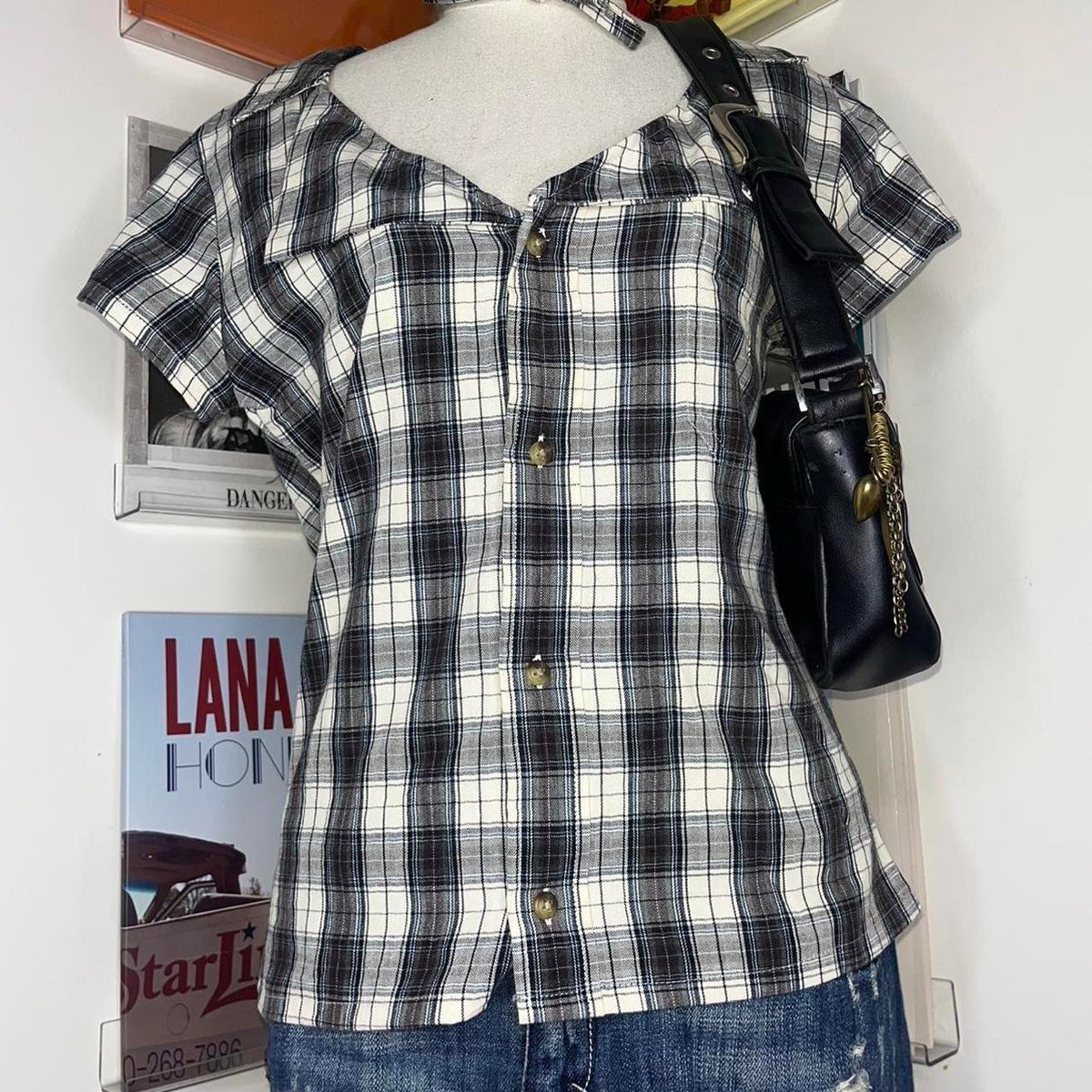 vintage handmade reworked plaid check collar shirt with neck tie