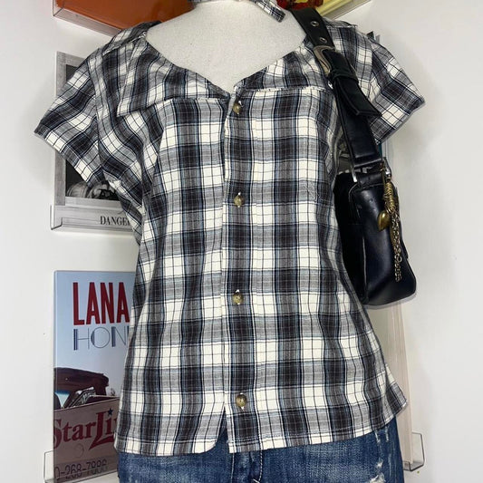 vintage handmade reworked plaid check collar shirt with neck tie